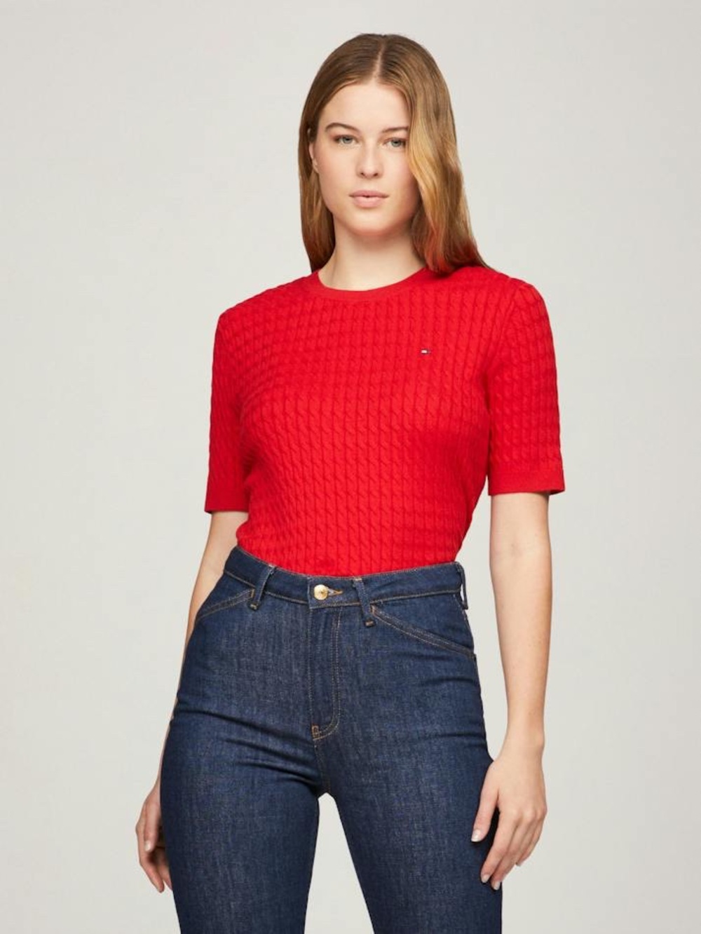 Tommy Hilfiger Bright Red Short-Sleeve Cable Knit Top